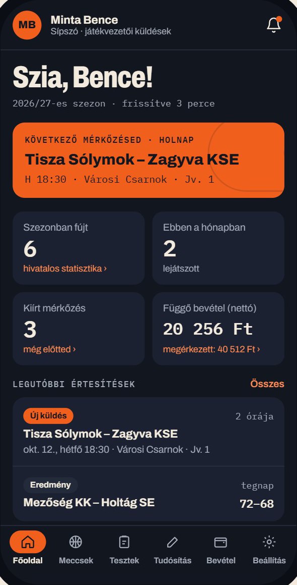 Az app főoldala: következő mérkőzés, számok, legutóbbi értesítések
