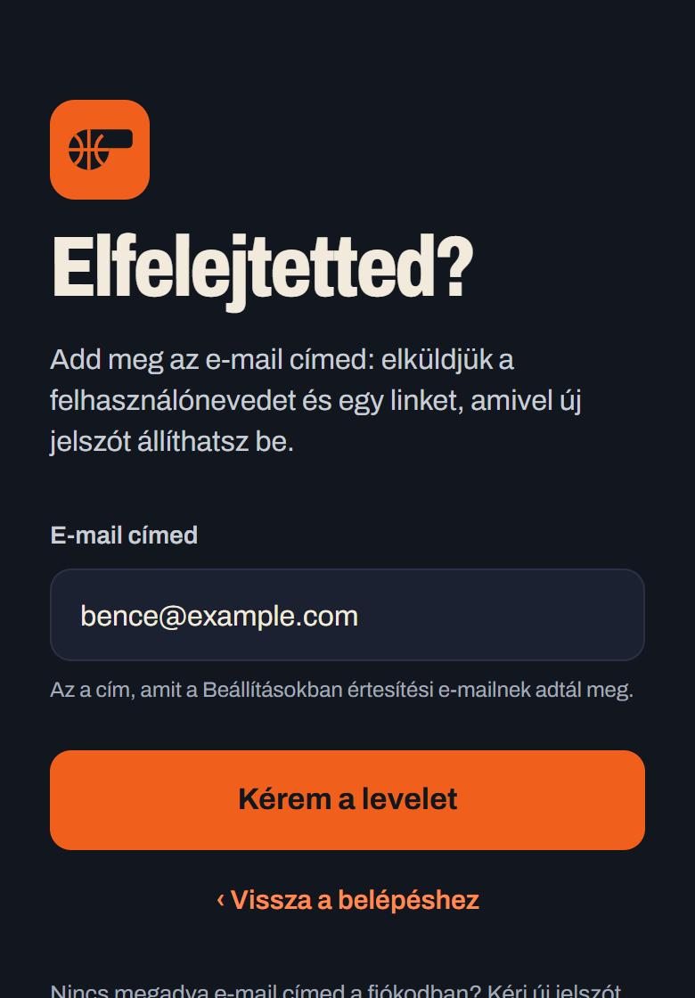 Elfelejtett jelszó oldal e-mail mezővel